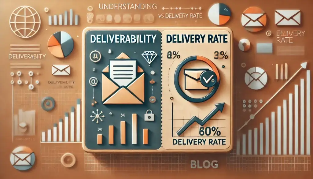 Eine Infografik, die die Zustellbarkeit und Zustellraten von E-Mails veranschaulicht. Sie enthält Balkendiagramme, Kreisdiagramme, Umschläge, Pfeile und Prozentsymbole. Die Zustellrate wird mit 80 % angegeben. Überall sind verschiedene Symbole für digitale Kommunikation zu sehen.