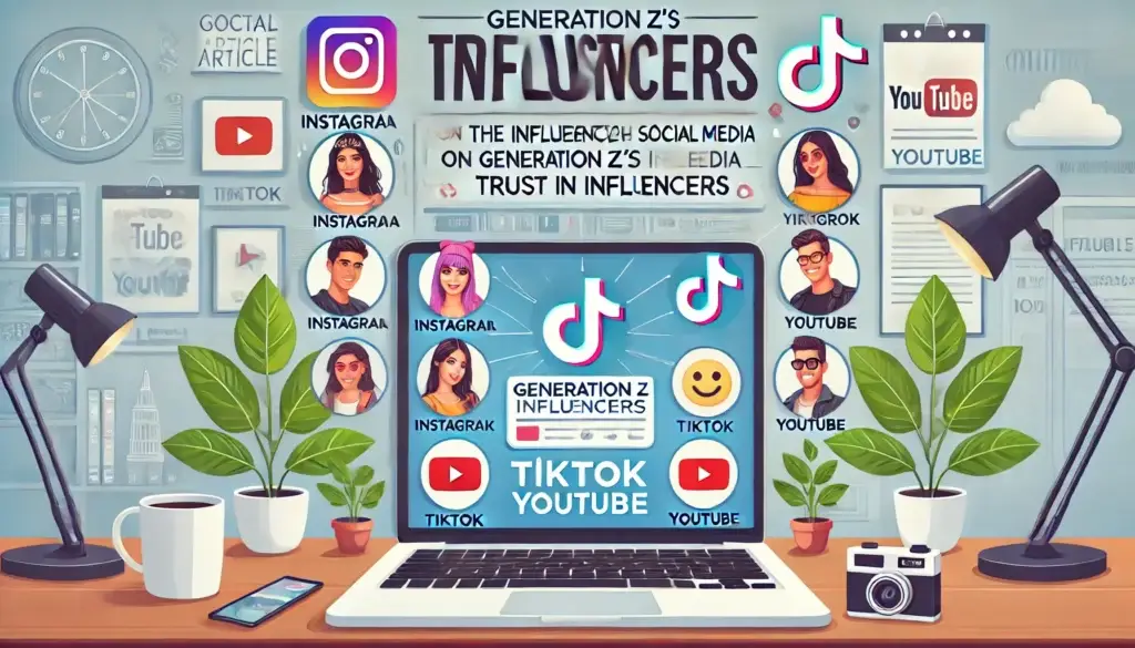 Ein Laptop mit Social-Media-Symbolen und Influencer-Illustrationen steht auf einem Schreibtisch mit Pflanzen, einer Kamera und einer Kaffeetasse. Im Hintergrund sind schwebende Grafiken von Instagram, TikTok und YouTube mit dem Text „Influencer der Generation Z“ zu sehen.