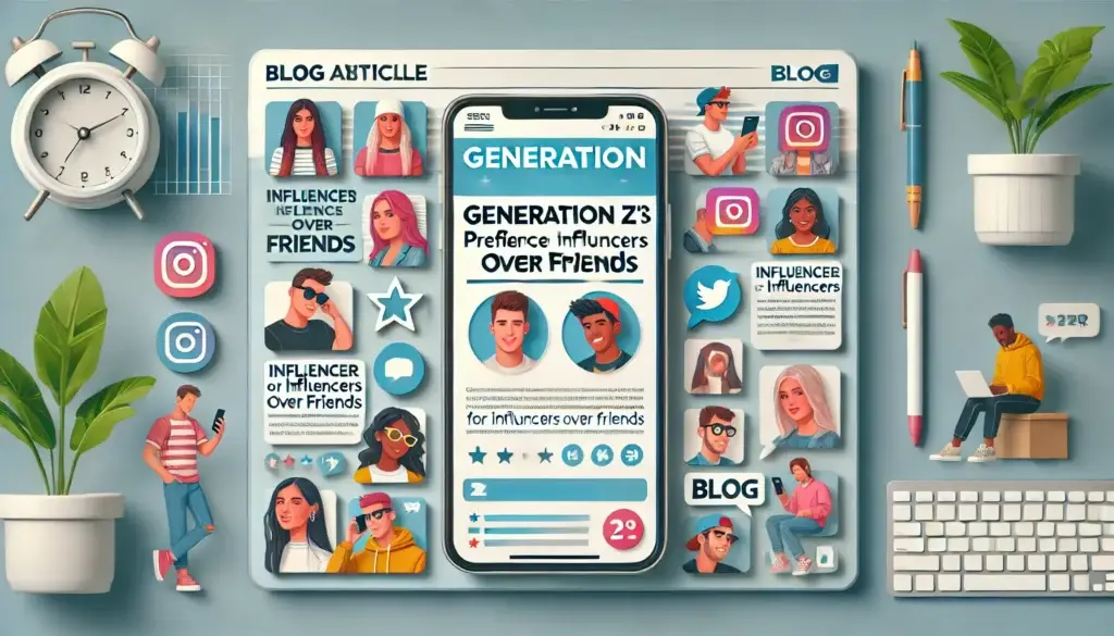 Eine digitale Illustration, die ein Smartphone mit einem Social-Media-Artikel mit dem Titel „Die Vorlieben der Generation Z: Influencer statt Freunde“ zeigt. Um das Telefon herum sind Symbole und Grafiken von Personen, Social-Media-Logos und Pflanzen auf einem Desktop zu sehen.