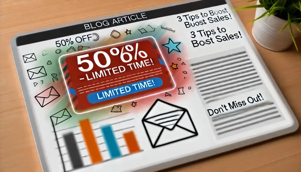Auf einem Tablet-Bildschirm wird ein Blog-Artikel mit einem fettgedruckten roten Banner angezeigt, auf dem steht „50 % RABATT – begrenzte Zeit!“, inmitten von Grafiken mit Umschlägen, Balkendiagrammen und Sternen. Der Text an der Seite lautet „3 Tipps zur Umsatzsteigerung!“ und „Verpassen Sie es nicht!“, und daneben steht eine Pflanze.