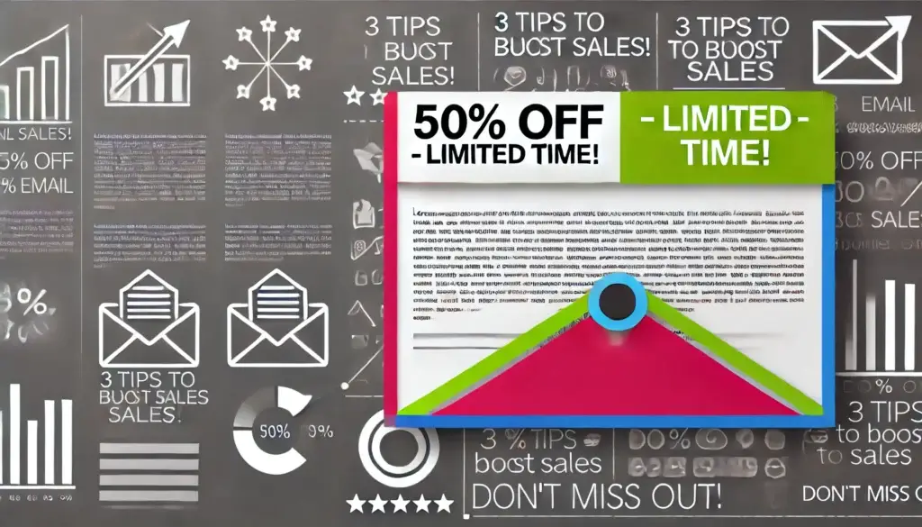 Ein farbenfrohes Verkaufsplakat mit dem fettgedruckten Text „50 % RABATT – NUR FÜR KURZE ZEIT!“. Im Hintergrund sind Diagramme, Grafiken und Symbole zu Marketingstrategien zu sehen. Das Plakat zeigt effektive Möglichkeiten zur Umsatzsteigerung und betont die Dringlichkeit.