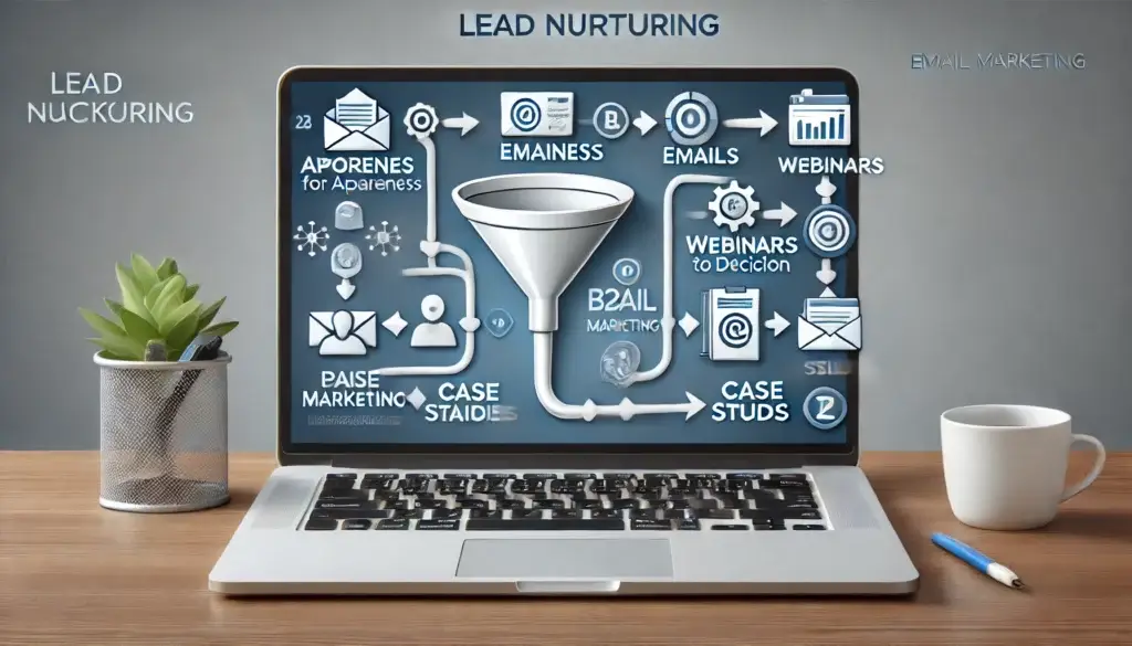 Auf einem Laptop auf einem Schreibtisch ist ein „Lead Nurturing“-Flussdiagramm auf dem Bildschirm zu sehen. Das Diagramm enthält Komponenten wie E-Mails, Webinare und Fallstudien, wobei die einzelnen Schritte durch Pfeile miteinander verbunden sind. Neben dem Laptop stehen eine Topfpflanze und eine Kaffeetasse.