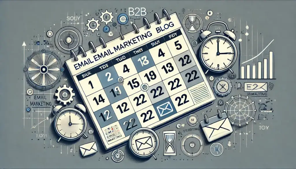 In der Mitte ist ein Kalender mit den Tagen des Monats zu sehen, umgeben von Abbildungen von Uhren, Umschlägen und Zahnrädern. Der Text auf dem Kalender lautet „E-Mail-Marketing-Blog“. Im Hintergrund sind Grafiken und Marketingsymbole zu sehen.