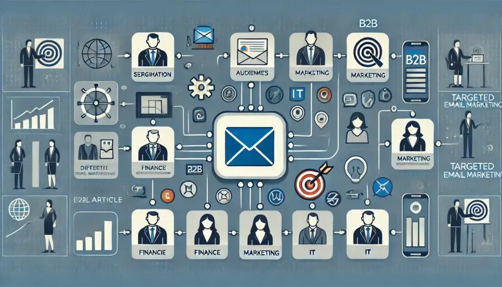 Infografik, die verschiedene Aspekte des zielgerichteten E-Mail-Marketings veranschaulicht. Enthält Symbole aus den Bereichen Finanzen, Marketing, IT und Zielgruppensegmentierung. Zentralisiert auf einem Umschlagsymbol, umgeben von Personensymbolen und Diagrammen, die Datenfluss und Strategie anzeigen.