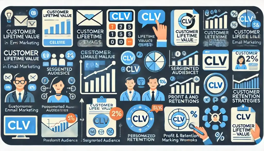 Eine Infografik, die verschiedene Aspekte des Customer Lifetime Value (CLV) zeigt. Sie enthält Diagramme, Abbildungen von Personen in Business-Kleidung, segmentierte Zielgruppen, Prozentsätze und Symbole im Zusammenhang mit Marketingstrategien und Kundenbindung.