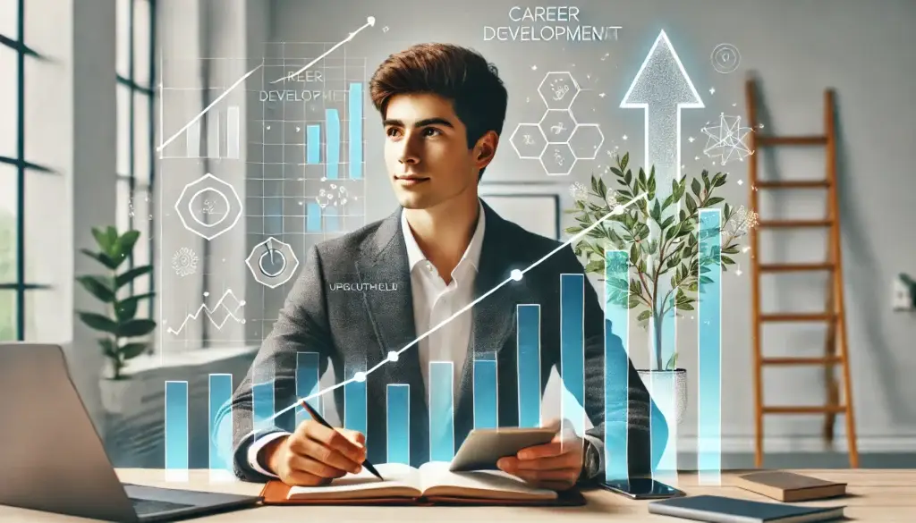 Ein Mann im Anzug sitzt mit einem Tablet und einem Notebook an einem Schreibtisch, umgeben von digitalen Grafiken wie Balkendiagrammen, Liniendiagrammen und Pfeilen. Der Raum hat große Fenster und Pflanzen, was auf eine professionelle Umgebung hindeutet, in der Karriereentwicklung und -wachstum im Mittelpunkt stehen.