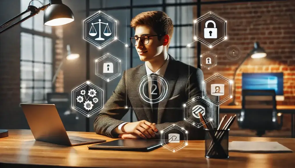 Eine Person im Anzug sitzt mit Laptop und Tablet an einem Schreibtisch in einer modernen Büroumgebung. Die Overlay-Symbole umfassen Waagen, ein Schloss und Zahnräder und symbolisieren verschiedene Konzepte wie Sicherheit und Gerechtigkeit. Die Umgebungsbeleuchtung schafft eine konzentrierte Atmosphäre.