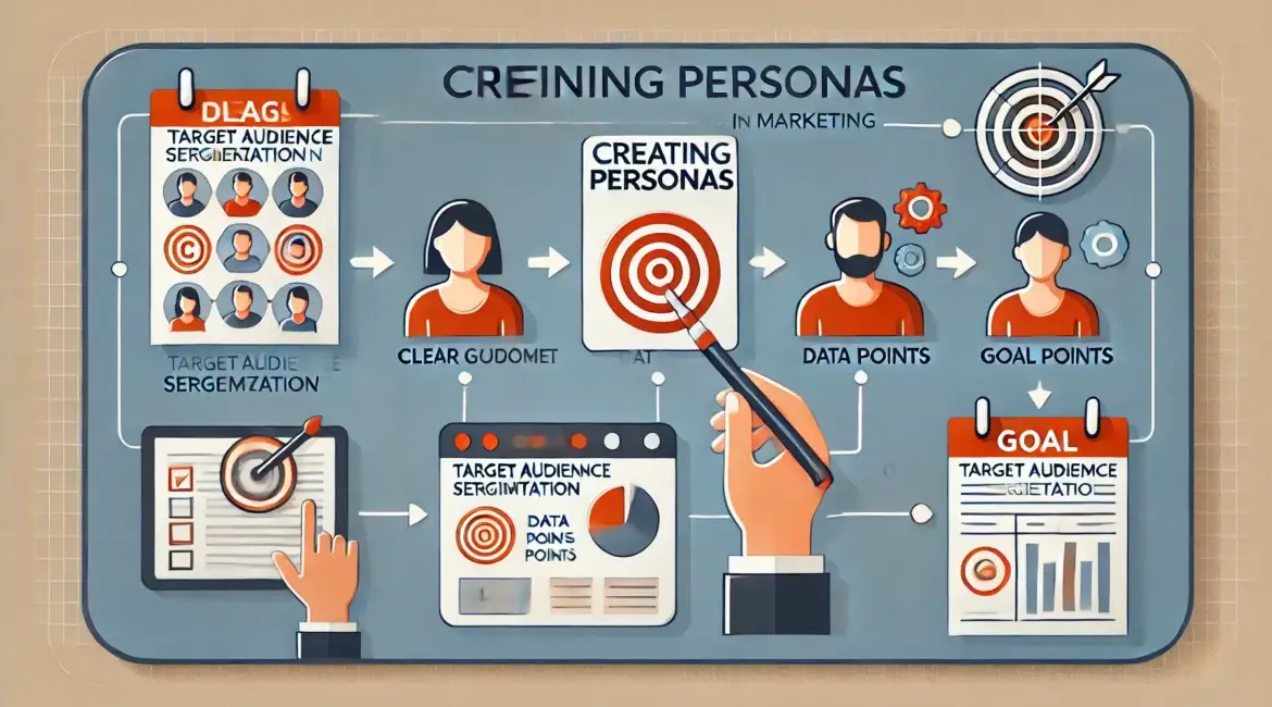 Infografik mit dem Titel „Erstellen von Personas im Marketing“. Sie zeigt einen Prozess, der die Segmentierung der Zielgruppe, das Erstellen von Personas, das Sammeln von Datenpunkten und das Setzen von Zielen umfasst. Zu den visuellen Elementen gehören eine Checkliste, Zielscheiben und menschliche Figuren.