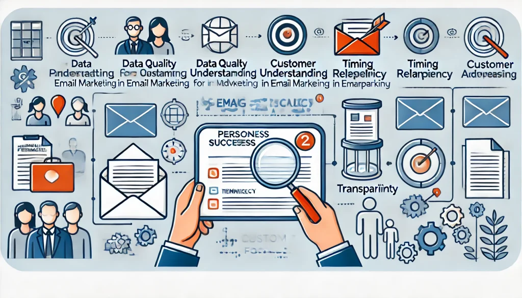 Eine Grafik mit Symbolen und Illustrationen, die Konzepte des E-Mail-Marketings darstellen: Datenqualität, Kundenverständnis, Timing, Transparenz und Personalisierung, mit Händen, die ein Dokument mit der Aufschrift „Personess Successes“ halten.