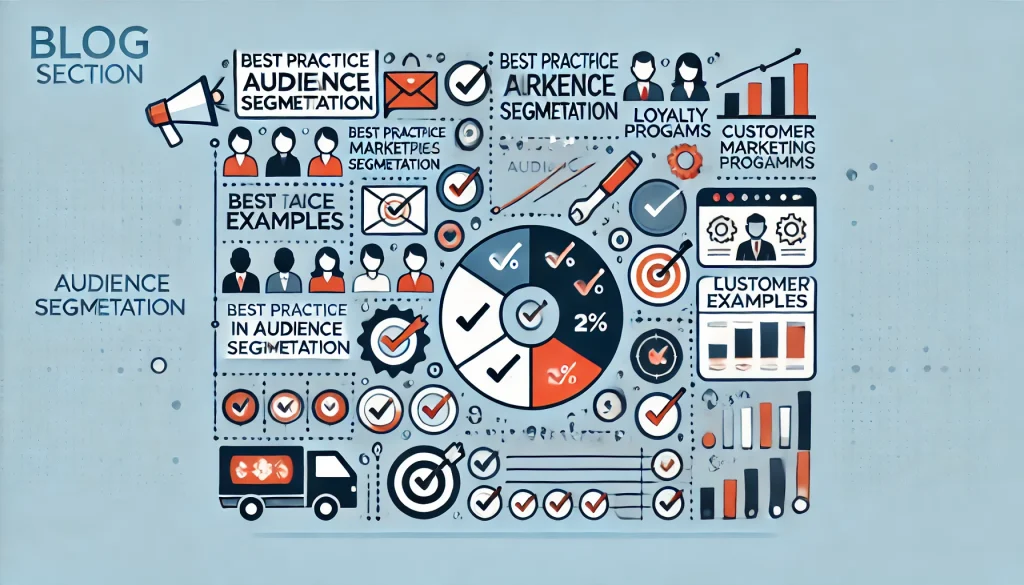 Infografik mit dem Titel „Blog-Bereich“ mit Symbolen und Diagrammen zur Zielgruppensegmentierung, Best Practices, Beispielen und Treueprogrammen. Verschiedene Personen, Diagramme und Checklistensymbole veranschaulichen Segmentierungs- und Marketingkonzepte.