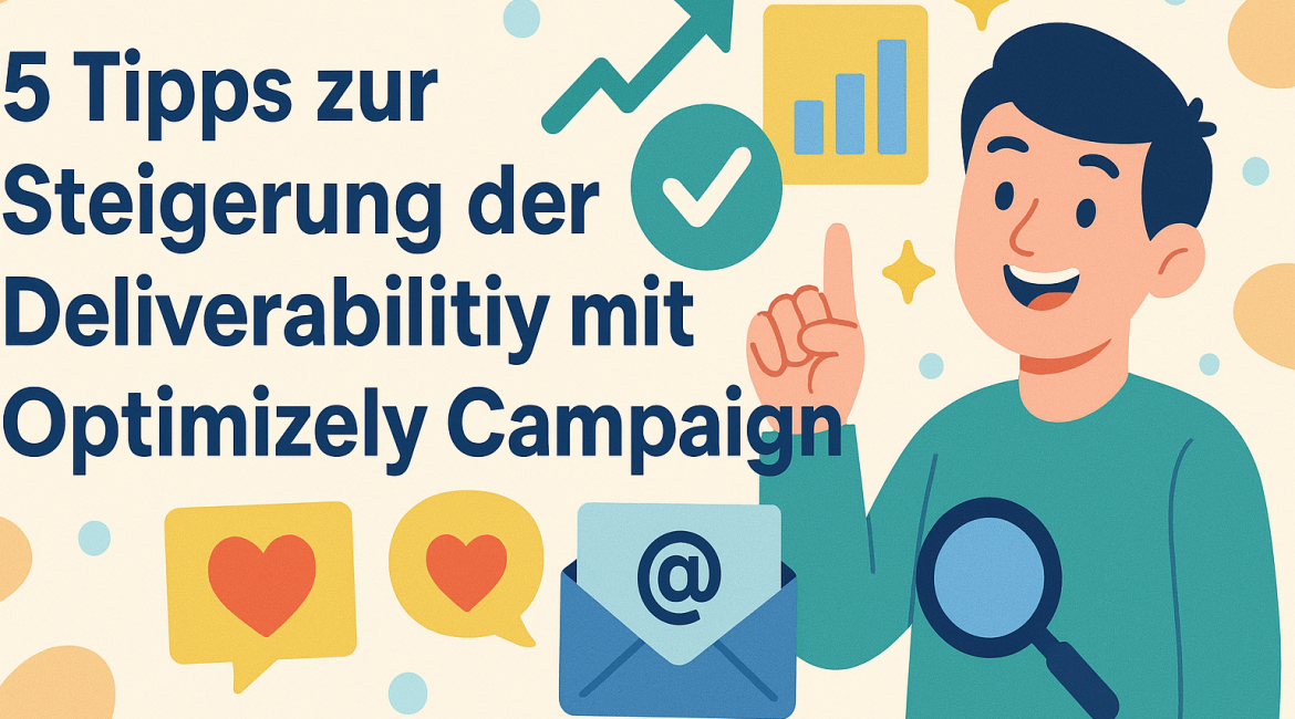 Illustration mit dem Text „5 Tipps zur Steigerung der Zustellbarkeit mit Optimizely Campaign“. Eine lächelnde Person zeigt nach oben, umgeben von Symbolen wie einem Diagramm, einem Häkchen, einem Umschlag und Sprechblasen.