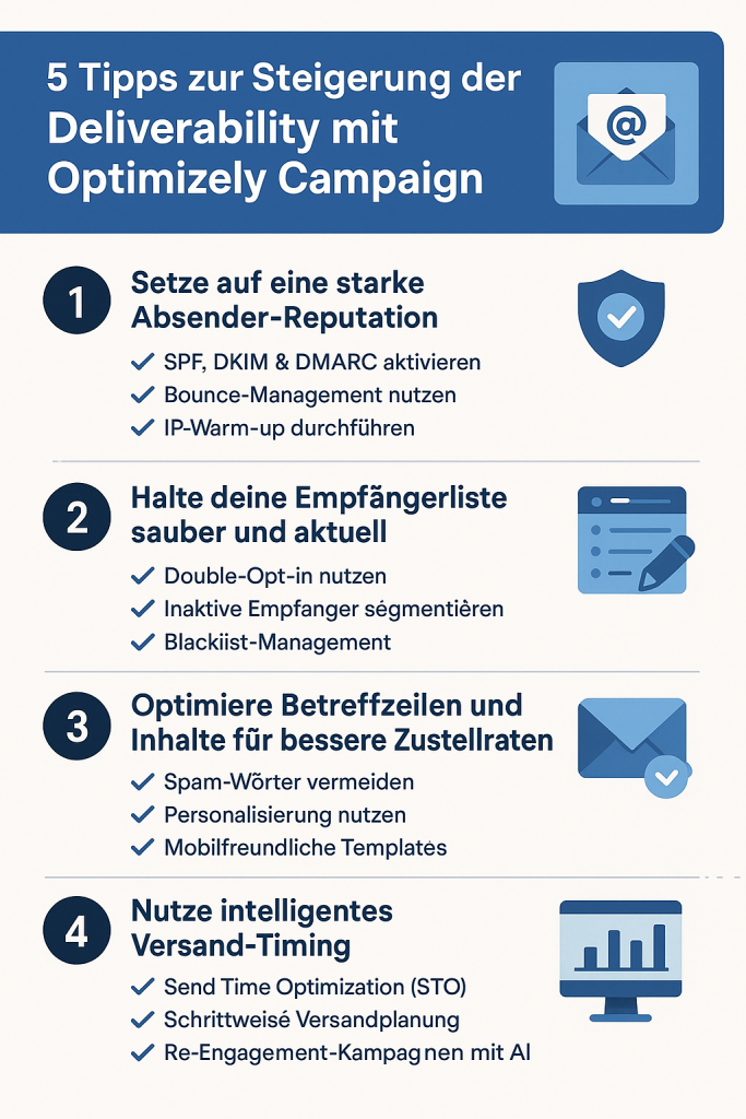 Infografik mit fünf Tipps zur Steigerung der E-Mail-Zustellbarkeit mit Optimizely Campaign, darunter Absender-Reputation, aktuelle Empfängerliste, optimierte Betreffzeilen und Inhalte sowie KI-basiertes Versand-Timing.