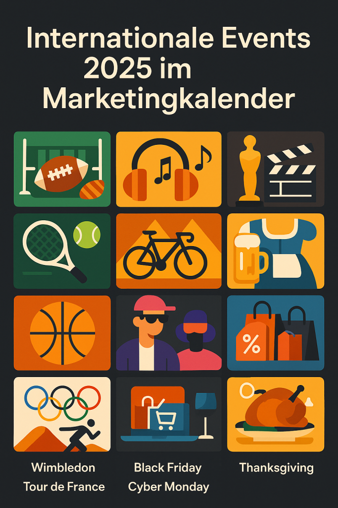Ein Raster aus zwölf bunten Symbolen stellt internationale Ereignisse für den Marketingkalender 2025 dar, darunter Symbole für Sport, Musik, Film, Shopping, Essen und Feiertage wie Wimbledon, Black Friday und Thanksgiving.