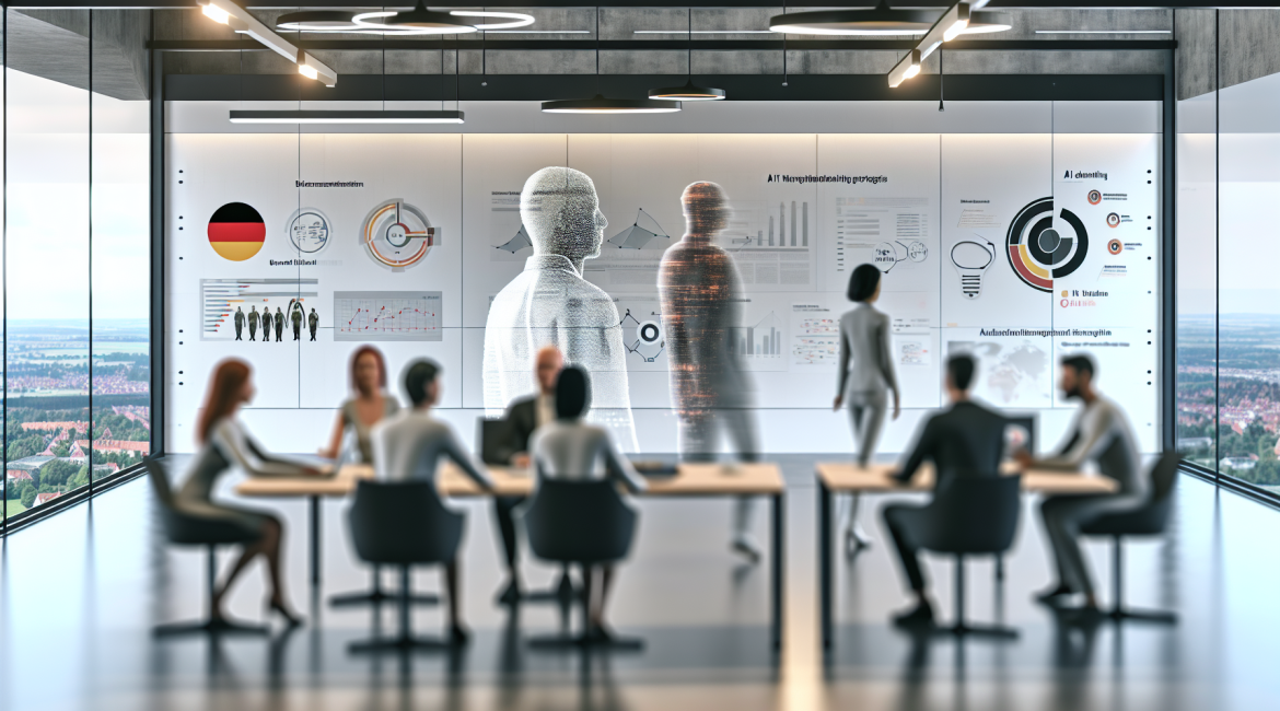 Marketing professionals in a modern German office utilizing AI for digital strategies.
