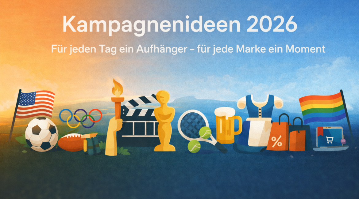 Banner mit dem Titel "Kampagnenideen 2026" und dem Slogan auf Deutsch, mit Symbolen wie einem Fußball, olympischen Ringen, einer Filmklappe, einer Trophäe, Büchern, einem Tennisschläger, einer Tasse, einer Einkaufstasche, einer Regenbogenflagge und einem Cocktailglas.