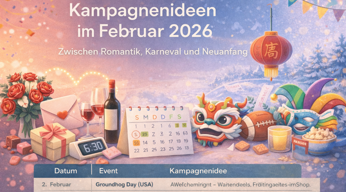 Ein festlicher illustrierter Kalender für Februar 2026 zeigt Themen wie Valentinstag, Chinesisches Neujahr und Karneval, mit einer Liste von Veranstaltungen und Kampagnenideen für jeden Tag am unteren Rand. Der Text ist auf Deutsch.