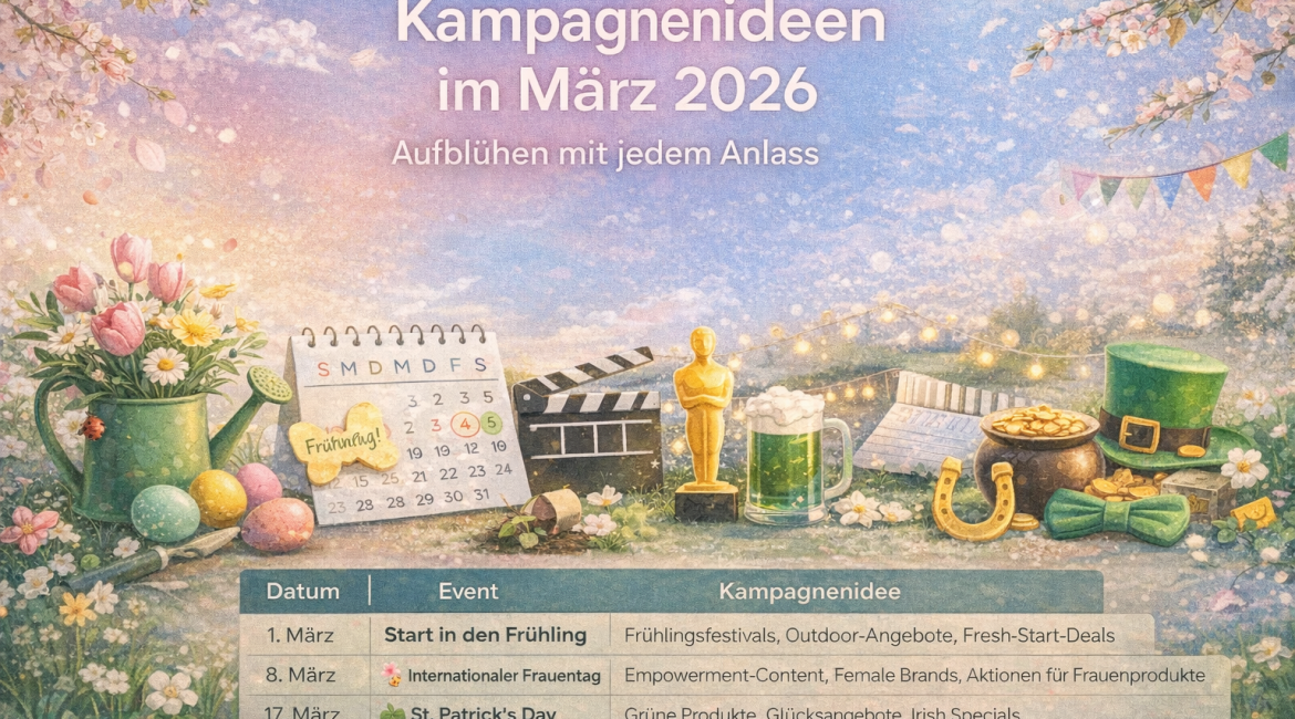Eine pastellfarbene Illustration mit Frühlingsmotiven umrahmt eine Karte mit Kampagnenideen für März 2026. Die Karte listet Daten, Veranstaltungen und Kampagnenideen auf, wobei unter anderem der Internationale Frauentag und der St. Patrick's Day hervorgehoben werden.