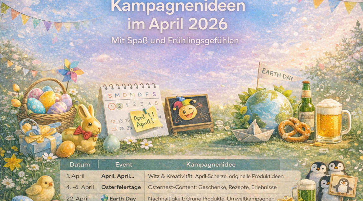 Ein Kalender und verschiedene frühlingshafte Objekte, darunter Blumen, Eier, ein Hase, Lebensmittel, Getränke, eine Weltkugel mit einer "Earth Day"-Flagge und Pinguinfiguren, illustrieren einen deutschen Veranstaltungskalender für April 2026.
