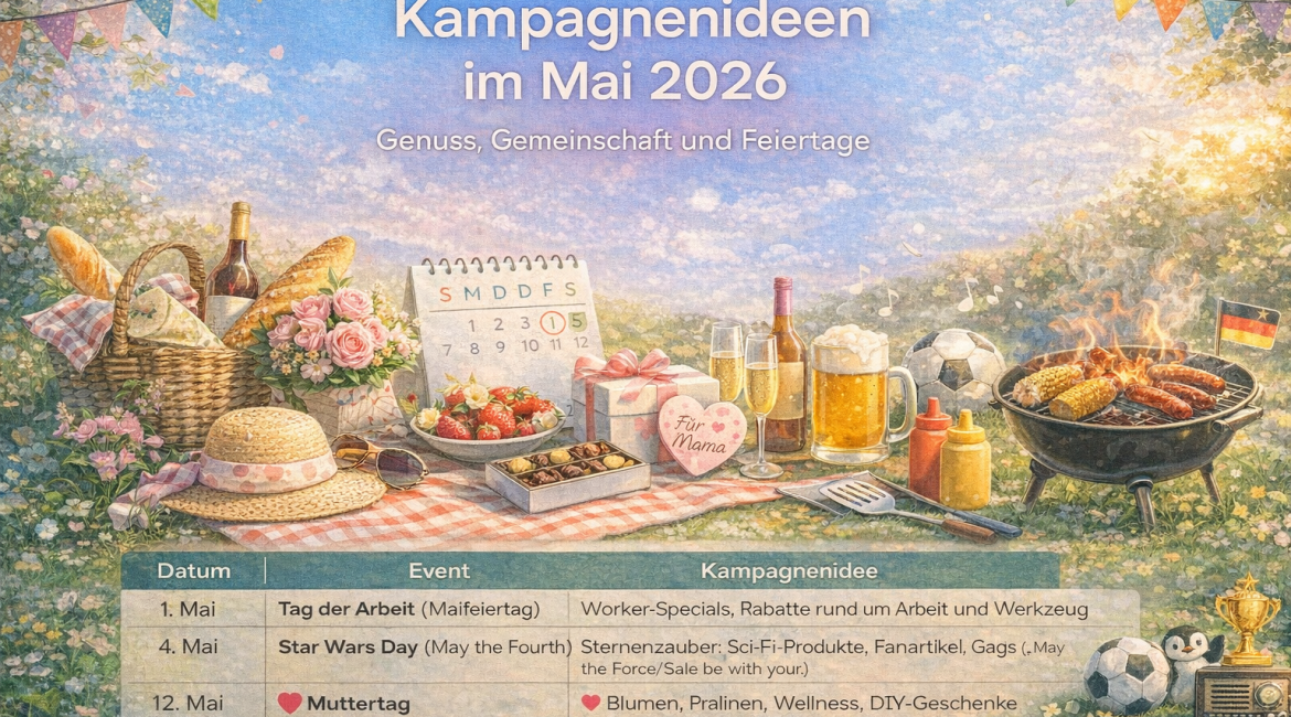 Ein Picknicktisch mit Speisen und Getränken in einem sonnigen, mit Wimpeln geschmückten Garten. In der Nähe befinden sich Grillgeräte, ein Fußball und Fahnen. Davor befinden sich ein Kalender für Mai 2026 und eine Liste mit Wahlkampfideen und Veranstaltungen in deutscher Sprache.