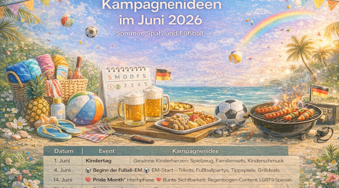 Eine festliche Strandszene mit Fußbällen, Girlanden und Speisen wie Burgern und Grillgut. Ein Kalender und eine Veranstaltungsliste für Juni 2026 enthalten Aktivitäten zu den Themen Fußball, Sommer, Pride Month und soziale Medien.