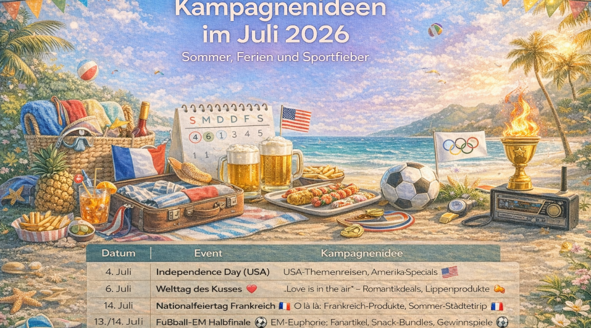 Eine bunte Illustration einer sommerlichen Strandszene mit Sportgeräten, einer olympischen Flagge und festlichen Dekorationen. Vorne auf einem Tisch liegt ein Kalender für Juli 2026 mit Kampagnenideen und Terminen.
