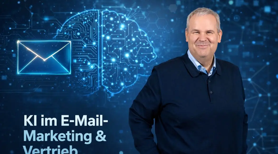 Daniel Hikel in einem dunklen Pullover steht vor einem blauen digitalen Hintergrund mit einem Briefumschlagsymbol, einer stilisierten Gehirngrafik und dem deutschen Text "KI im E-Mail-Marketing & Vertrieb".